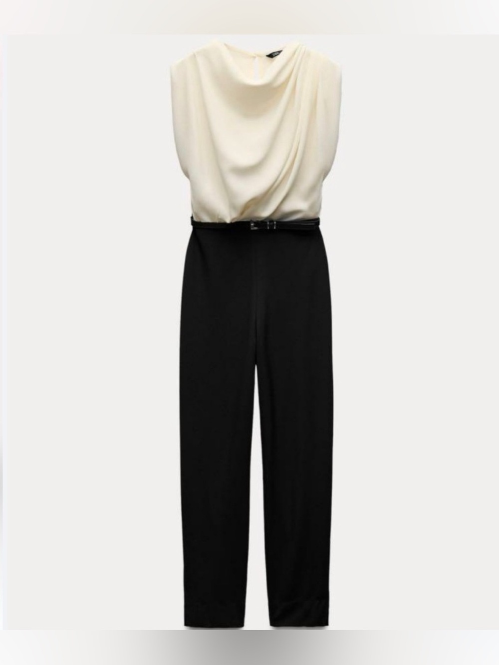 Zara Cream & Black Draped Sleeveless Jumpsuit with Slim Belt